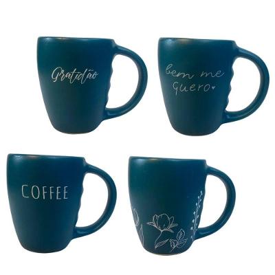 Jogo 4 Caneca Porcelana Fosca 300ml Para Cappuccino Verde Cobalto
