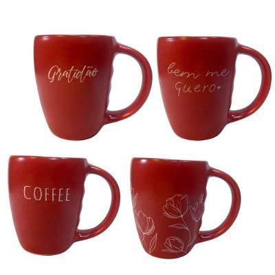 Jogo 4 Caneca Porcelana Fosca 300ml Para Cappuccino Vermelho