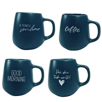 Jogo 4 Caneca Bojuda 260ml Porcelana Fosca Para Cappuccino Verde Cobalto