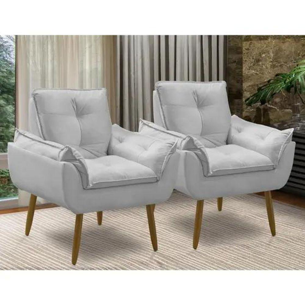 Kit 2 Poltronas Cinza Claro Decorativa Opala Confortável Para Sala Quarto Recepção Suede Luxo - 1
