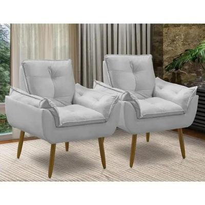Kit 2 Poltronas Cinza Claro Decorativa Opala Confortável Para Sala Quarto Recepção Suede Luxo