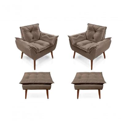 2 Poltronas Capuccino Com 2 Puff Decorativa Opala Confortável Para Sala Quarto Recepção Suede Luxo