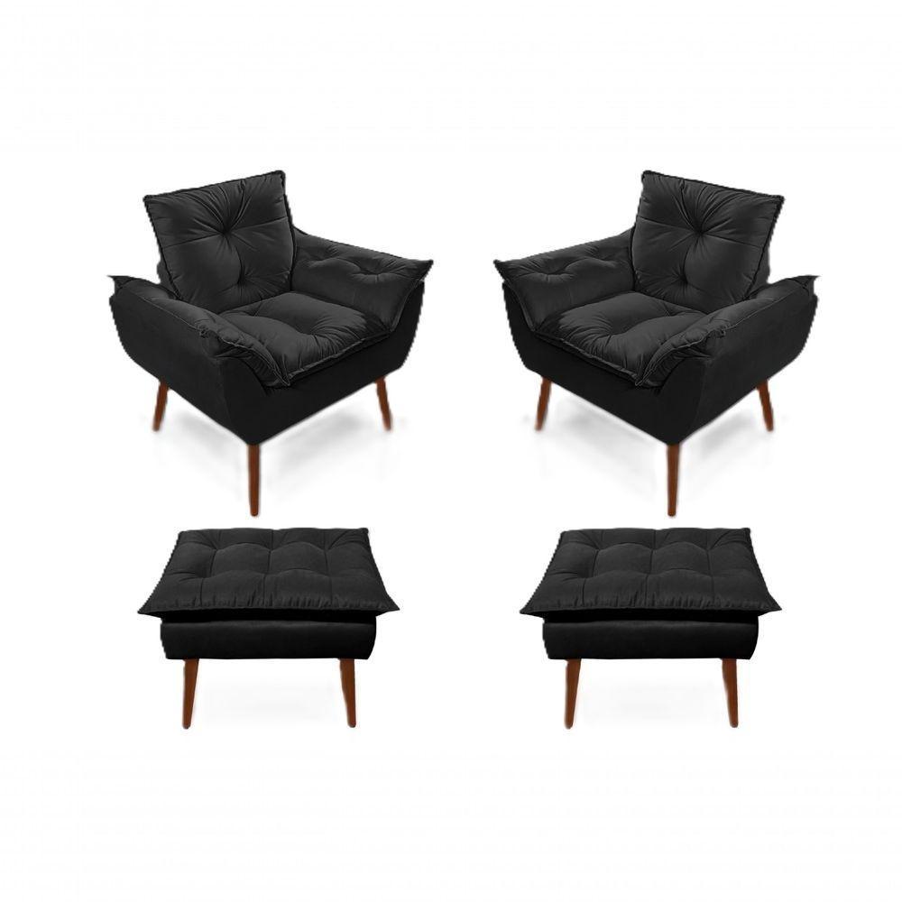 2 Poltronas Opala Com 2 Puff Preto Decorativa Confortável Para Sala Quarto Recepção Suede Luxo - 1