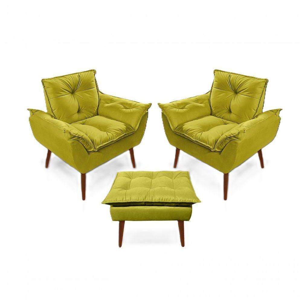 2 Poltronas Opala Com 1 Puff Decorativa Confortável Para Sala Quarto Recepção Suede Luxo Amarelo - 1