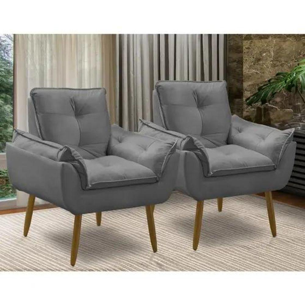 Kit 2 Poltronas Decorativa Opala Grafite Confortável Para Sala Quarto Recepção Suede Luxo - 1