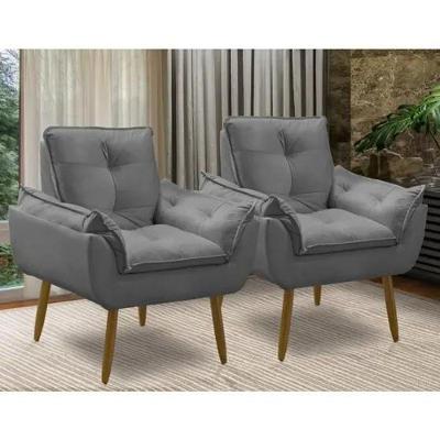 Kit 2 Poltronas Decorativa Opala Grafite Confortável Para Sala Quarto Recepção Suede Luxo