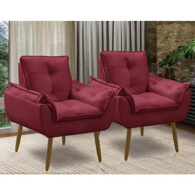 Kit 2 Poltronas Bordô Decorativa Opala Confortável Para Sala Quarto Recepção Suede Luxo
