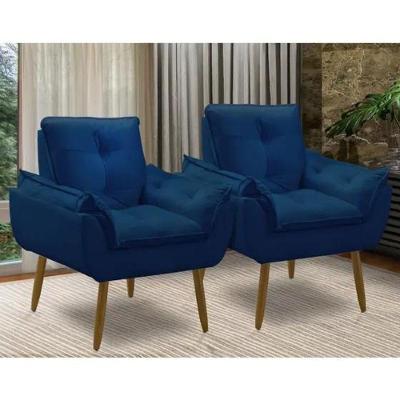 Kit 2 Poltronas Decorativa Azul Marinho Opala Confortável Para Sala Quarto Recepção Suede Luxo