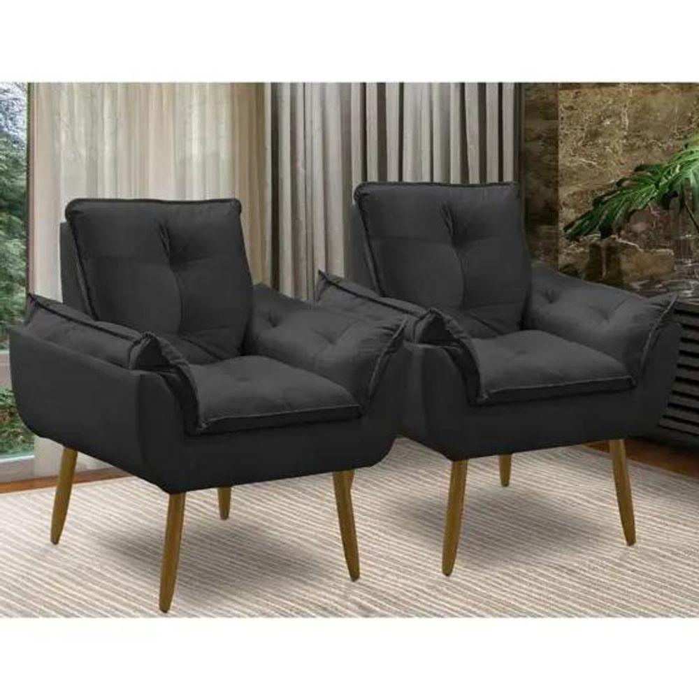 Kit 2 Poltronas Decorativa Opala Preta Confortável Para Sala Quarto Recepção Suede Luxo - 1