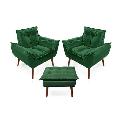 2 Poltronas Opala Com 1 Puff Decorativa Confortável Para Sala Quarto Recepção Suede Luxo Verde
