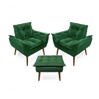 2 Poltronas Opala Com 1 Puff Decorativa Confortável Para Sala Quarto Recepção Suede Luxo Verde - 1
