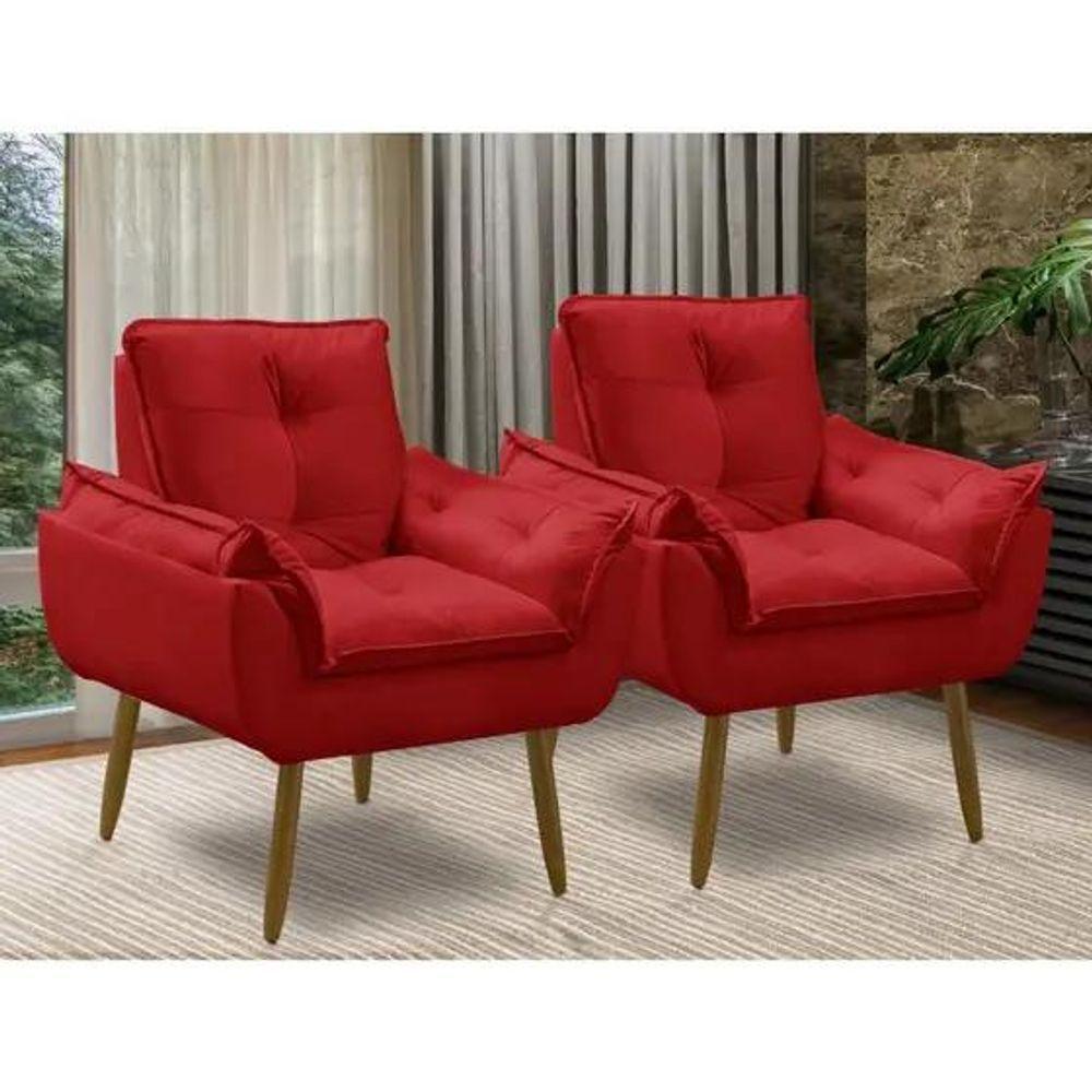 Kit 2 Poltronas Decorativa Opala Vermelho Confortável Para Sala Quarto Recepção Suede Luxo - 1