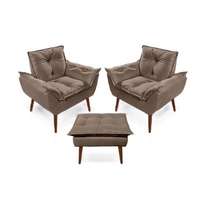 2 Poltronas Opala Com 1 Puff Decorativa Confortável Para Sala Quarto Recepção Suede Luxo Capuccino