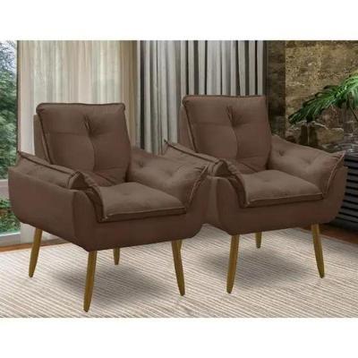 Kit 2 Poltronas Decorativa Opala Marrom Confortável Para Sala Quarto Recepção Suede Luxo