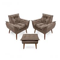 2 Poltronas Opala Com 1 Puff Capuccino Decorativa Confortável Para Sala Quarto Recepção Suede Luxo - 1
