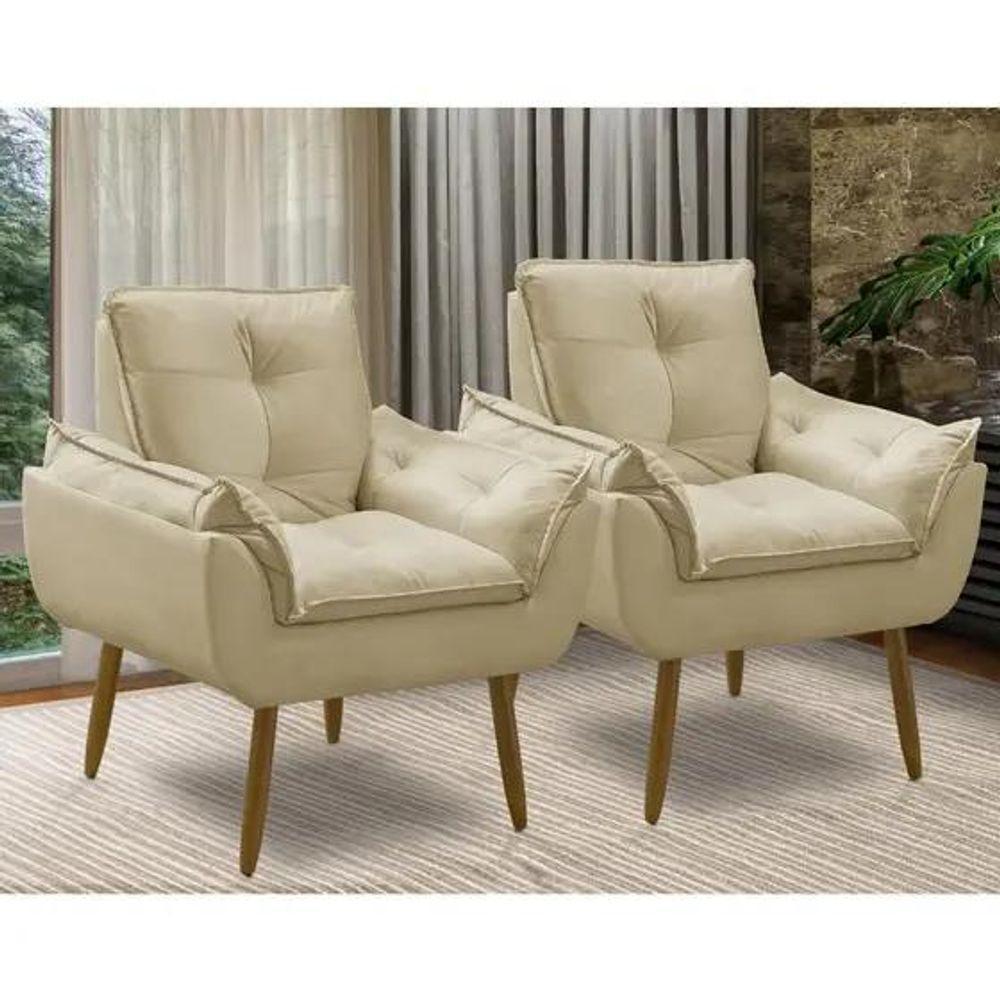 Kit 2 Poltronas Bege Decorativa Opala Confortável Para Sala Quarto Recepção Suede Luxo - 1