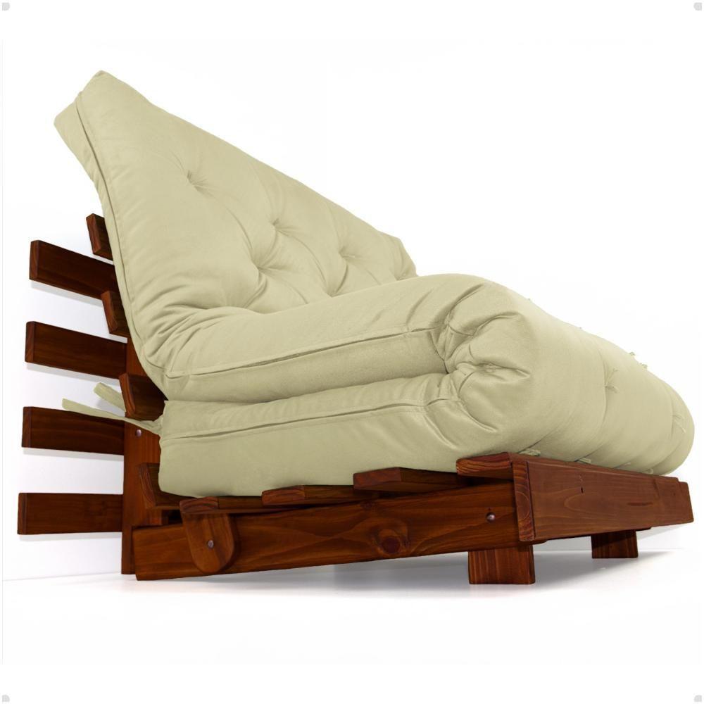 Sofá Cama Casal Futon Tokio D33 Madeira Maciça Imbuia - Bege Claro - 2