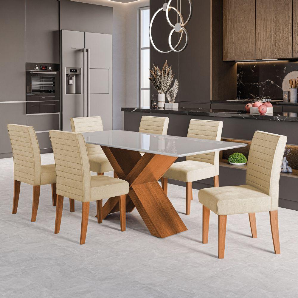 Conjunto De Mesa Sala De Jantar Tampo Com Vidro 1,80m Grécia 6 Cadeiras Creta Dobuê Madeirado / Bege - 2
