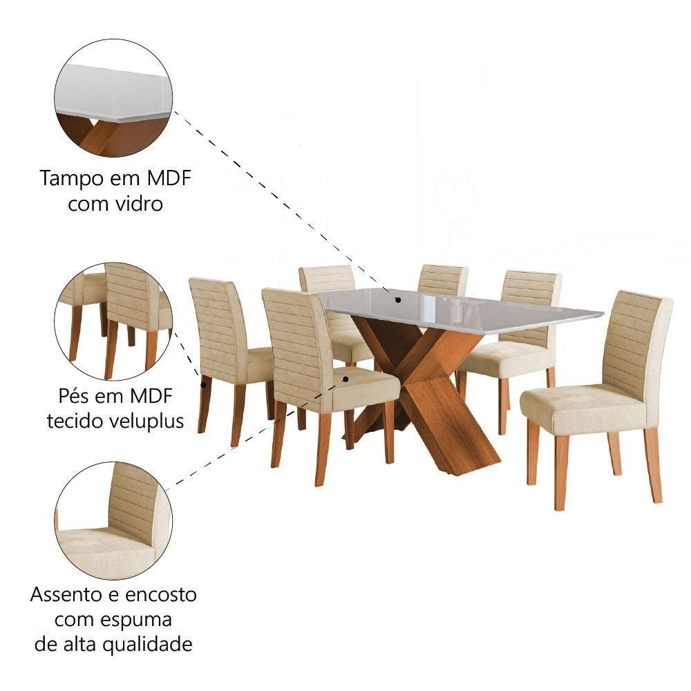 Conjunto De Mesa Sala De Jantar Tampo Com Vidro 1,80m Grécia 6 Cadeiras Creta Dobuê Madeirado / Bege - 5
