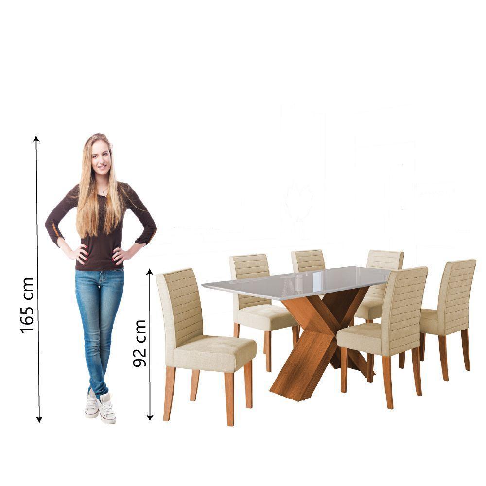 Conjunto De Mesa Sala De Jantar Tampo Com Vidro 1,80m Grécia 6 Cadeiras Creta Dobuê Madeirado / Bege - 6