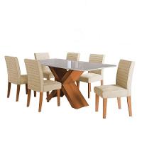 Conjunto De Mesa Sala De Jantar Tampo Com Vidro 1,80m Grécia 6 Cadeiras Creta Dobuê Madeirado / Bege - 1