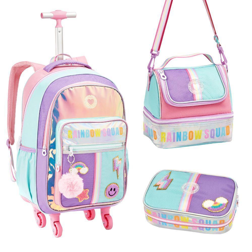 Kit Mochila De Rodinhas + Lancheira Térmica + Estojo Box Rainbow Squad Denlex - 1