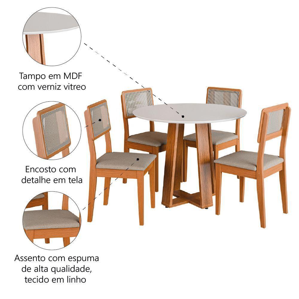 Conjunto Sala De Jantar Mesa Athenas Redonda 4 Cadeiras Santiago Dobuê Madeirado Off White - 5
