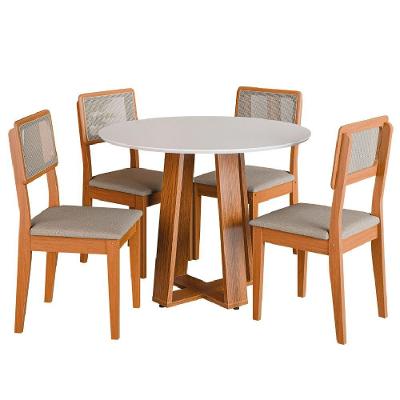 Conjunto de Jantar Mesa Athenas Redonda 4 Lugares em MDF com Cadeiras Santiago Off White