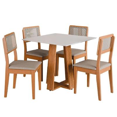 Conjunto de Jantar Mesa Athenas Quadrada 4 Lugares em MDF com Cadeiras Santiago Estofadas Off White