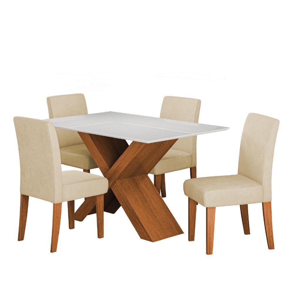 Conjunto De Mesa Sala De Jantar Tampo Com Vidro 1,36m Grécia 4 Cadeiras Trieste Dobuê Madeirado / Bege - 1