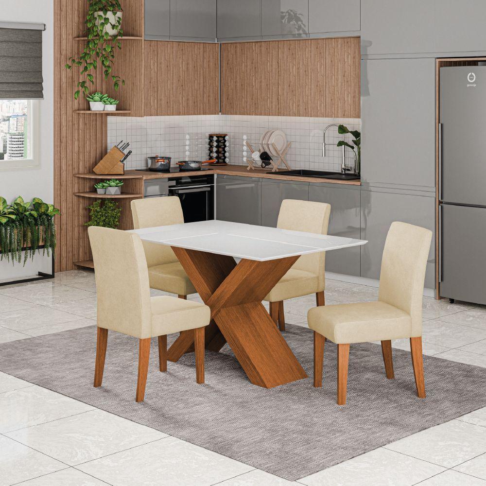 Conjunto De Mesa Sala De Jantar Tampo Com Vidro 1,36m Grécia 4 Cadeiras Trieste Dobuê Madeirado / Bege - 2