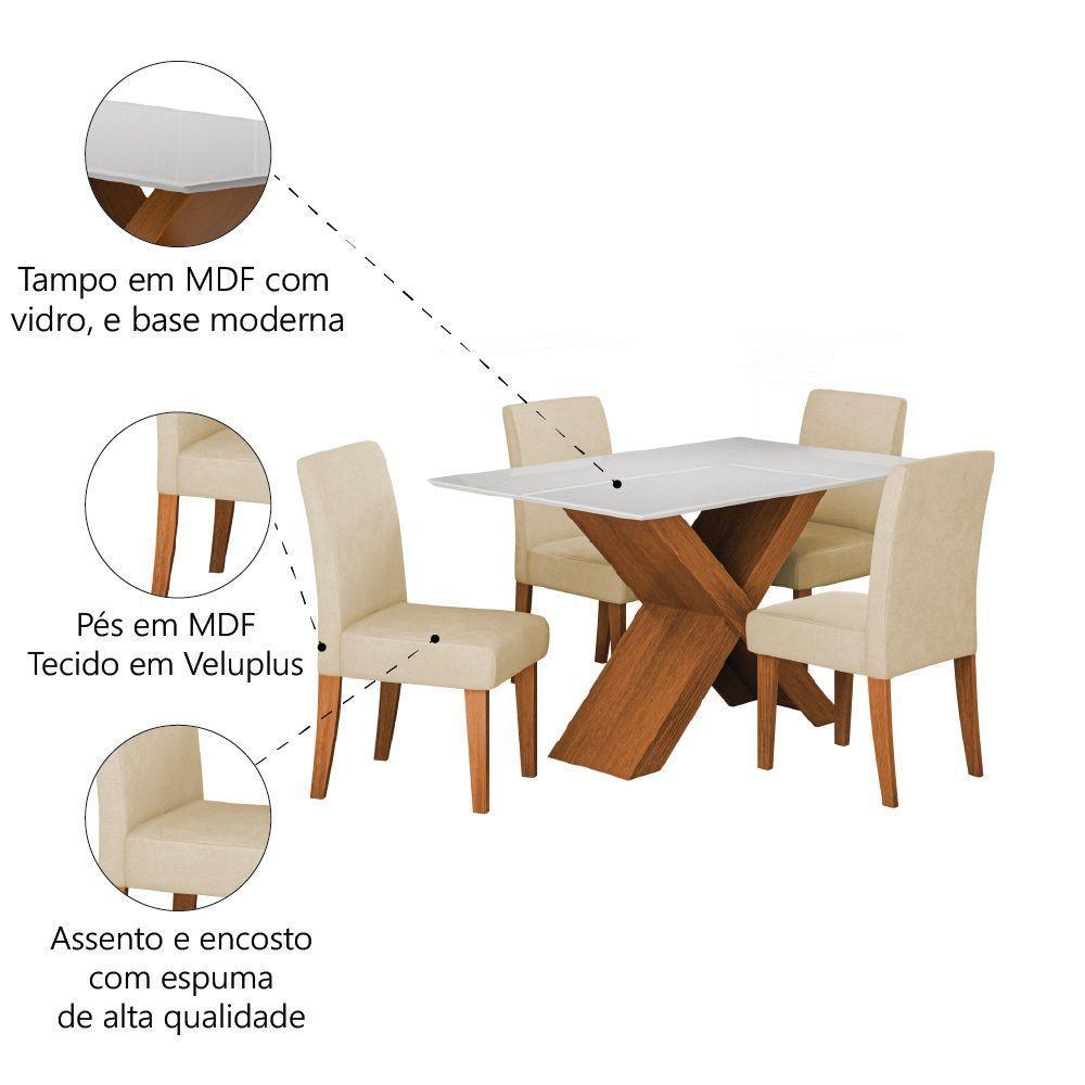Conjunto De Mesa Sala De Jantar Tampo Com Vidro 1,36m Grécia 4 Cadeiras Trieste Dobuê Madeirado / Bege - 5