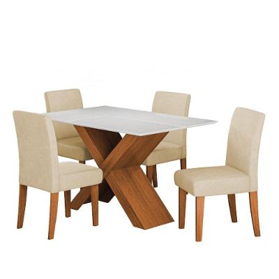 Conjunto De Mesa Sala De Jantar Tampo Com Vidro 1,36m Grécia 4 Cadeiras Trieste Dobuê Madeirado / Bege