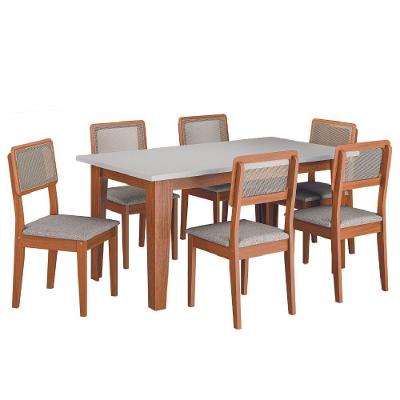 Conjunto de Jantar Mesa Miami 6 Lugares Tampo MDF com Cadeiras Estofadas Amadeirado 160cm