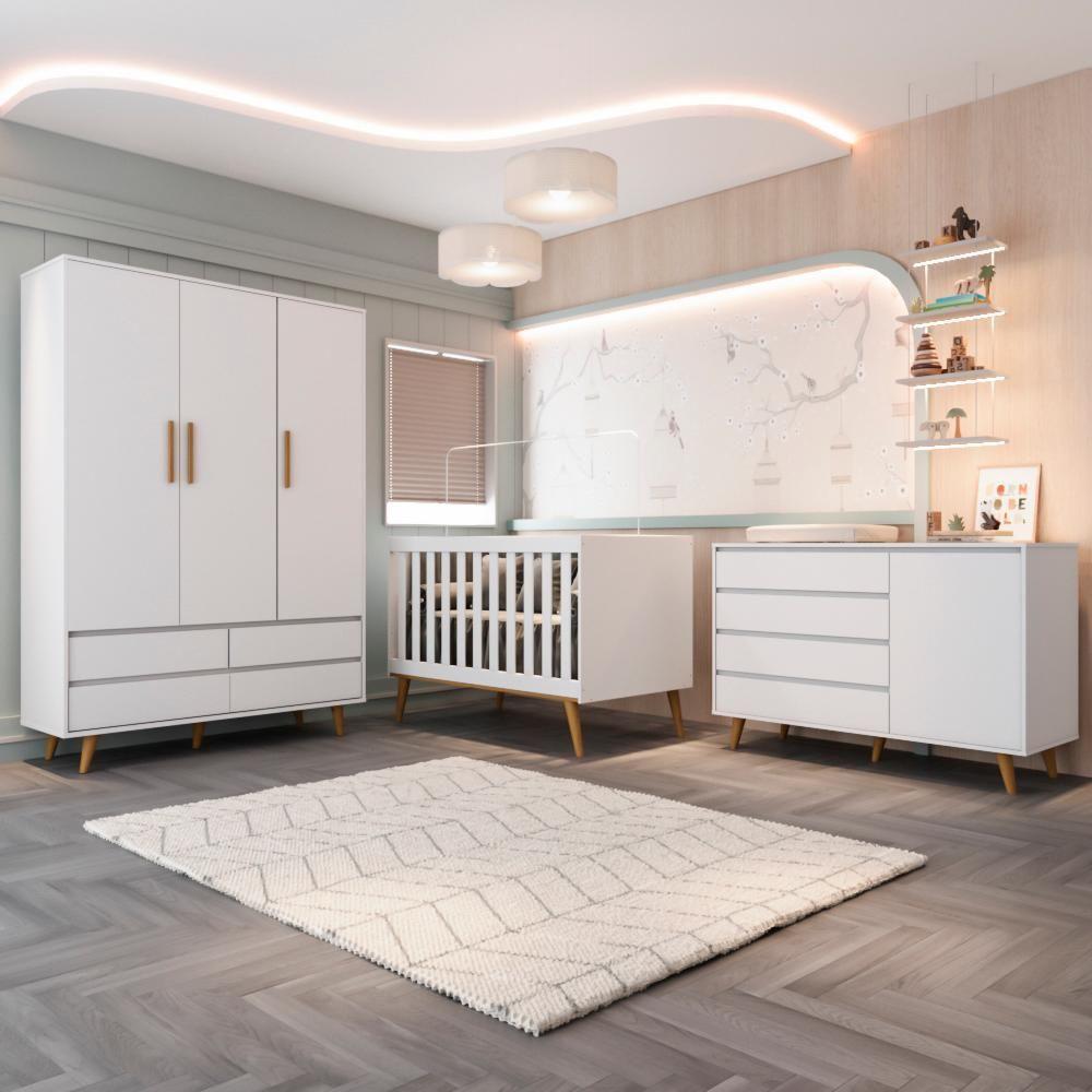 Quarto De Bebê Retrô Lorena Guarda Roupa 3 Portas Cômoda Gran Com Fraldário Berço 3 Em 1 Branco Carolina Baby - 1