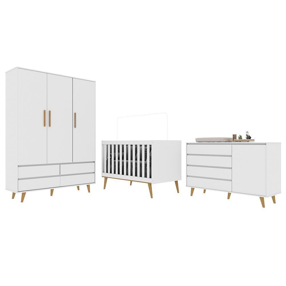 Quarto De Bebê Retrô Lorena Guarda Roupa 3 Portas Cômoda Gran Com Fraldário Berço 3 Em 1 Branco Carolina Baby - 2