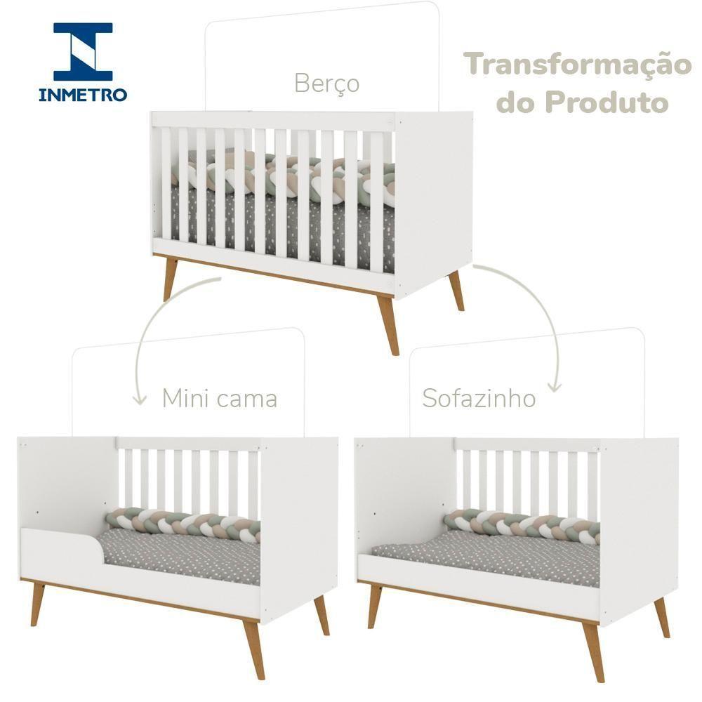 Quarto De Bebê Retrô Lorena Guarda Roupa 3 Portas Cômoda Gran Com Fraldário Berço 3 Em 1 Branco Carolina Baby - 3