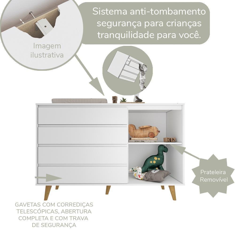 Quarto De Bebê Retrô Lorena Guarda Roupa 3 Portas Cômoda Gran Com Fraldário Berço 3 Em 1 Branco Carolina Baby - 6