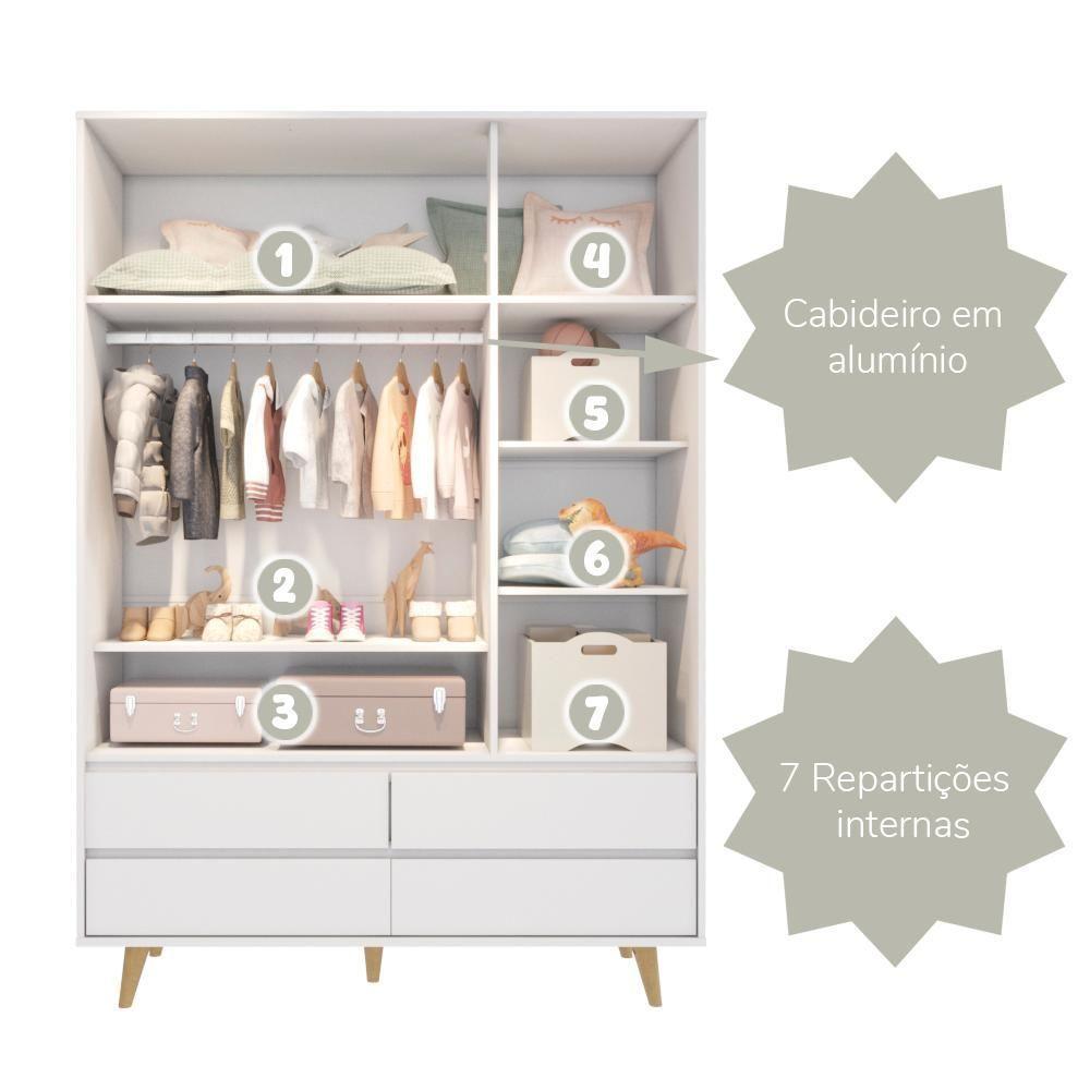 Quarto De Bebê Retrô Lorena Guarda Roupa 3 Portas Cômoda Gran Com Fraldário Berço 3 Em 1 Branco Carolina Baby - 8