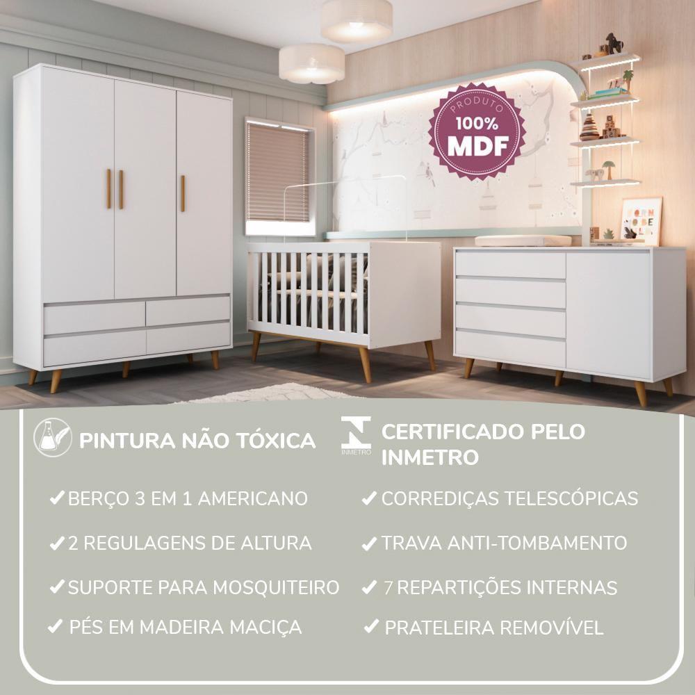 Quarto De Bebê Retrô Lorena Guarda Roupa 3 Portas Cômoda Gran Com Fraldário Berço 3 Em 1 Branco Carolina Baby - 10