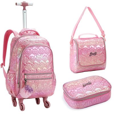 Kit Mochila De Rodinhas + Lancheira + Estojo Concha Praia Love Just Denlex Rosa