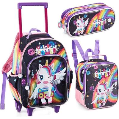 Kit Mochila De Rodinhas + Lancheira + Estojo Unicórnio Especial Denlex