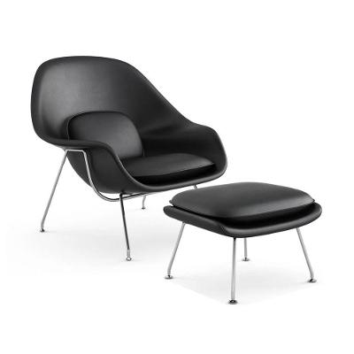 Poltrona Womb Chair Com Puff Cromada Sintético Preto