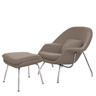 Poltrona Womb Chair Com Puff Cromada Linho Bege