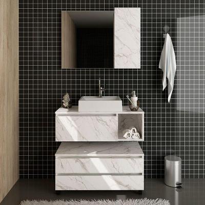 Kit Gabinete Balcão E Espelheira De Banheiro Marina Mármore Branco