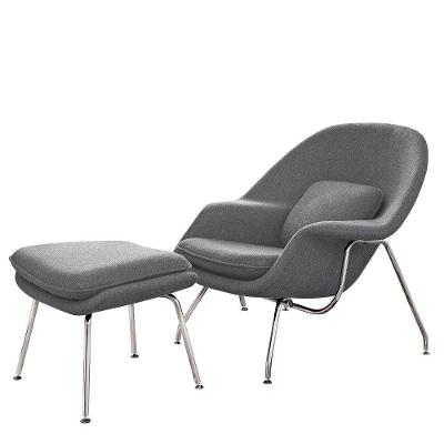 Poltrona Womb Chair Com Puff Cromada Linho Cinza