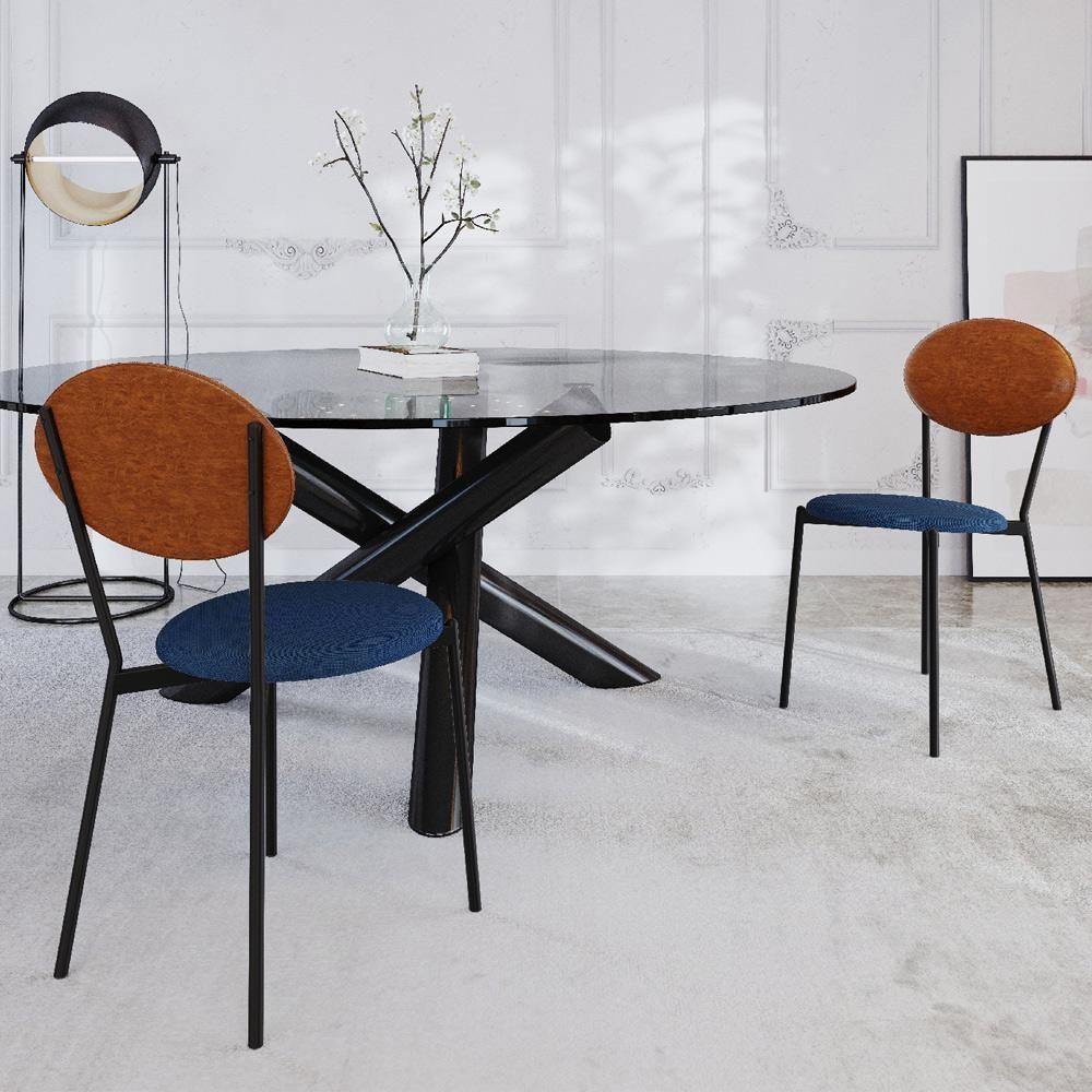 Cadeira Estofada Para Sala De Jantar Azuri Preto C01 Linho Azul Courino Caramelo - Lyam Decor - 2
