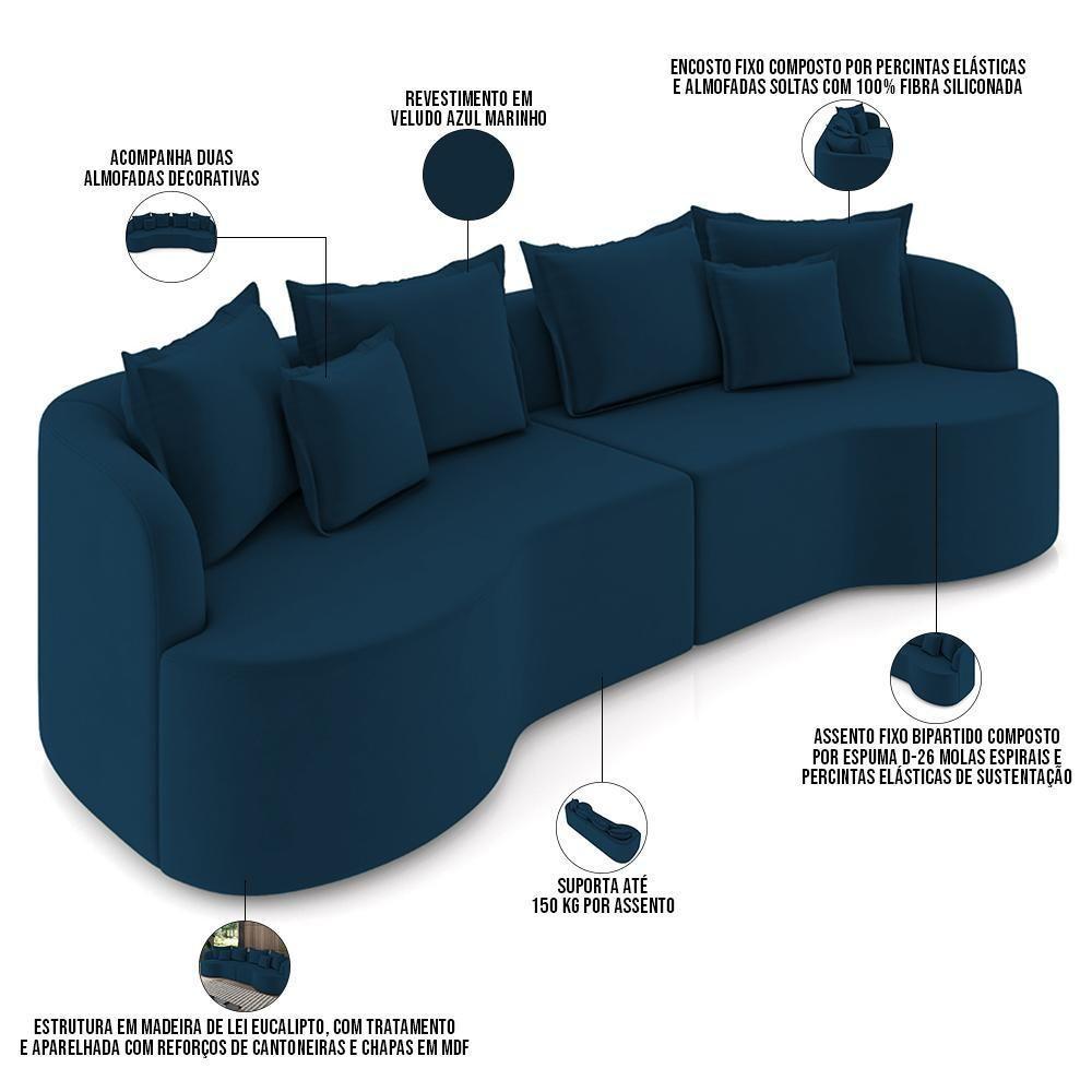 Sofá 4 Lugares Orgânico Sala De Estar Living 270cm Ekos K01 Veludo Azul Marinho - Lyam Decor - 4