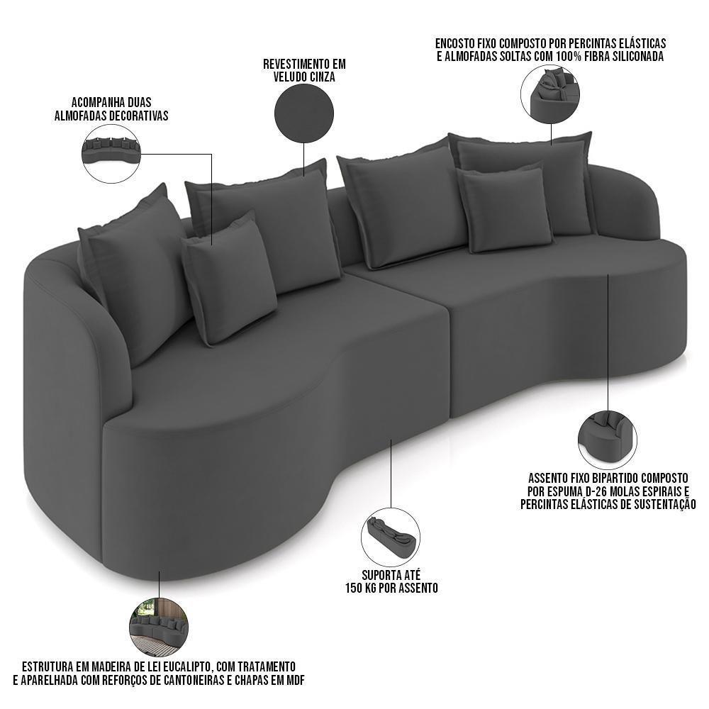Sofá 4 Lugares Orgânico Sala De Estar Living 270cm Ekos K01 Veludo Cinza - Lyam Decor - 4