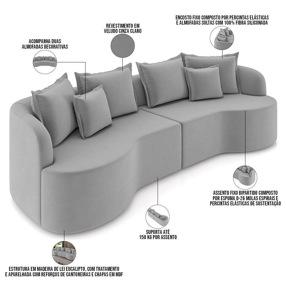 Sofá 3 Lugares Orgânico Sala De Estar Living 210cm Ekos K01 Veludo Cinza Claro - Lyam Decor - 4